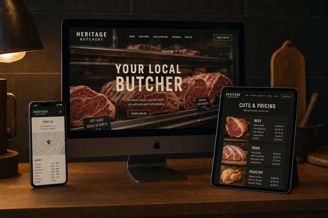 A butcher shop website shown responsively on a desktop, tablet, and phone