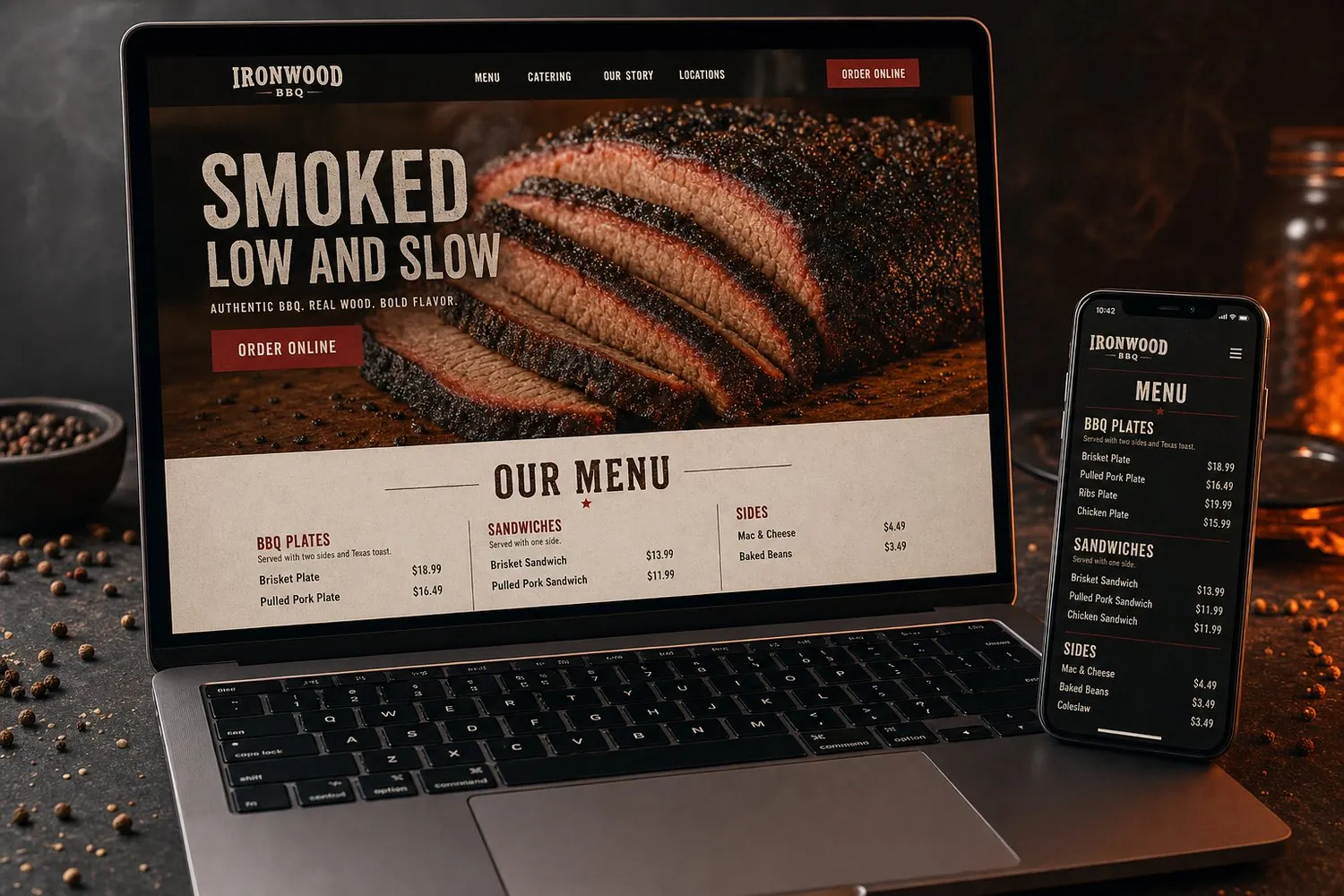 A BBQ restaurant website shown on a laptop and a phone, with a smoked brisket hero photo and an order button