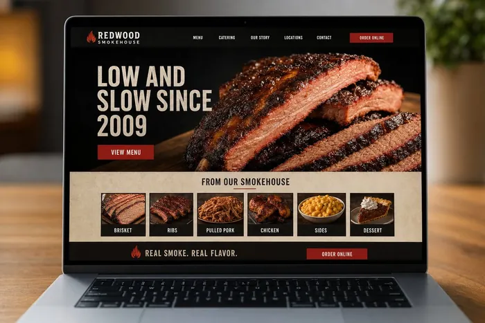 Sample BBQ smokehouse website design with a menu and online ordering