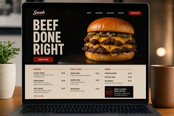 Sample smash burger joint website design by Next Level Meats
