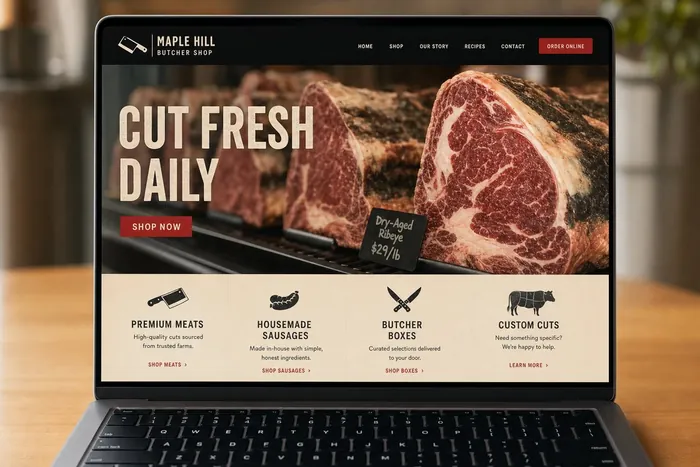Sample butcher shop website design showing cuts and weekly specials
